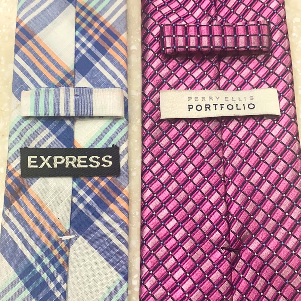 1 skinny, cotton linen material Express brand tie and 1 Perry Ellis silk tie.